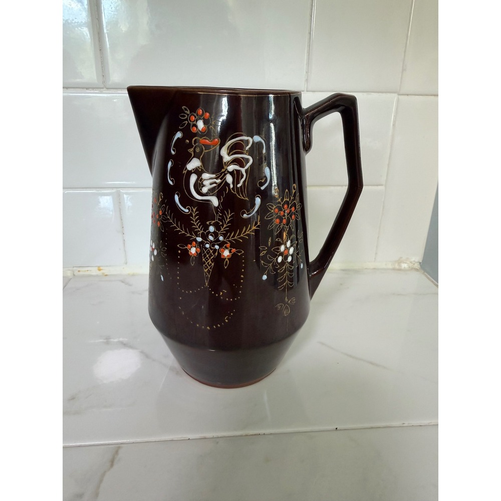 Vintage PAC Japan Ceramic Moriage Pitcher Brown Glaze Hand Painted Folk Art 7in
